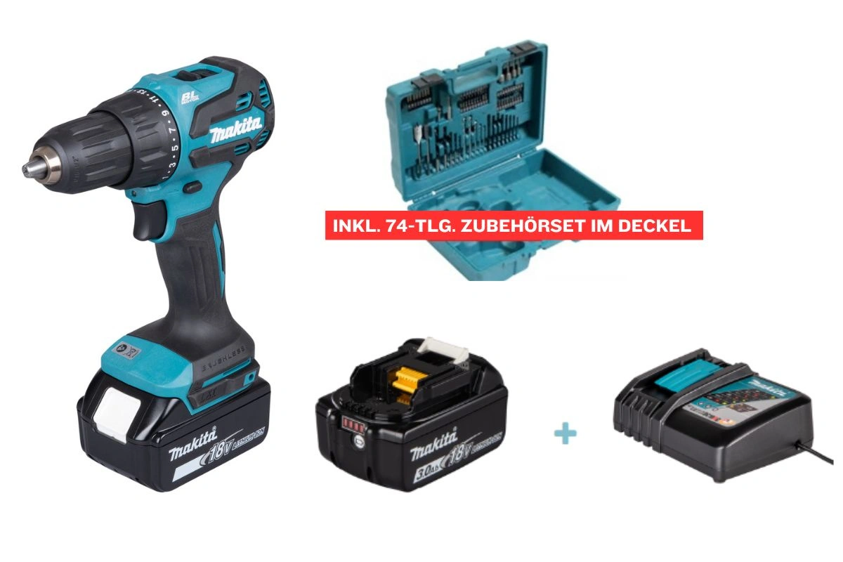 Makita 18V DHP490RFX3 Akku-Schlagbohrschrauber + 74-tlg. Zubehörset